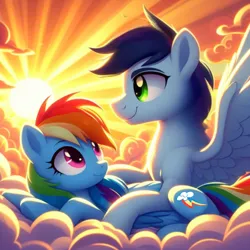 Size: 1024x1024 | Tagged: safe, ai content, derpibooru import, machine learning generated, prompter:*rainbow dash*, rainbow dash, soarin', pony, cloud, cloudy, female, folded wings, g4, generator:bing image creator, image, jpeg, lying down, male, pony on pony action, shipping, sky, soarindash, spread wings, straight, sun, wings