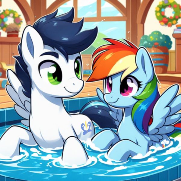 Size: 1024x1024 | Tagged: safe, ai content, derpibooru import, machine learning generated, prompter:*rainbow dash*, rainbow dash, soarin', bath, bath time, bathing, bathing together, female, g4, generator:bing image creator, image, male, png, shipping, smiling, soarindash, spread wings, straight, wings