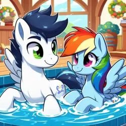 Size: 1024x1024 | Tagged: safe, ai content, derpibooru import, machine learning generated, prompter:*rainbow dash*, rainbow dash, soarin', bath, bath time, bathing, bathing together, female, g4, generator:bing image creator, image, male, png, shipping, smiling, soarindash, spread wings, straight, wings