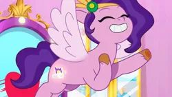 Size: 3072x1727 | Tagged: safe, derpibooru import, screencap, pipp petals, pegasus, pony, g5, my little pony: tell your tale, spoiler:g5, spoiler:my little pony: tell your tale, spoiler:tyts02e04, eyes closed, female, flying, grin, image, jazz hearts rocky, jpeg, mane melody (location), mare, smiling, solo, spread wings, wings