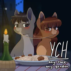 Size: 2000x2000 | Tagged: safe, artist:erein, derpibooru import, pony, advertisement, any gender, any race, auction, auction open, blushing, candle, commission, date, duo, ears up, food, high res, image, jpeg, lady and the tramp, night, outdoors, pasta, plate, romantic, scene interpretation, shipping, smiling, spaghetti, table, ych sketch, your character here