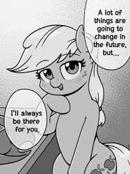 Size: 1500x2000 | Tagged: safe, artist:mkogwheel, derpibooru import, applejack, earth pony, pony, bedroom eyes, black and white, blush lines, blushing, dialogue, eyebrows, eyebrows visible through hair, female, grayscale, hat off, hoof on chin, image, looking at you, mare, monochrome, png, smiling, smiling at you, solo, speech bubble