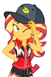 Size: 440x663 | Tagged: safe, artist:mlpandboboiboyfan, derpibooru import, sunset shimmer, display of affection, equestria girls, equestria girls series, boboiboy, boboiboy blaze, boboiboy fire, boboiboy: the movie, cap, clothes, g4, hat, image, jacket, png, simple background, white background