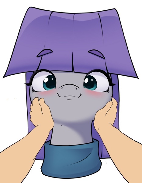 Size: 788x1013 | Tagged: safe, artist:aquaticvibes, edit, editor:undeadponysoldier, ponerpics import, ponybooru import, maud pie, earth pony, human, pony, :3, clothes, cute, daaaaaaaaaaaw, female, happy, image, jpeg, mare, maudabetes, offscreen character, pov, touching face