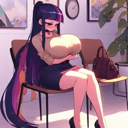 Size: 1024x1024 | Tagged: suggestive, ai content, derpibooru import, machine learning generated, twilight sparkle, human, adorasexy, bag, big breasts, blushing, breast hold, breasts, busty twilight sparkle, chair, choker, clock, clothes, cute, female, g4, handbag, high heels, huge breasts, humanized, image, long hair, looking down, png, ponytail, potted plant, prompter:horselover fat, purse, sexy, shoes, sitting, skirt, solo, stupid sexy twilight, sweater, wide hips