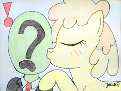 Size: 4032x3016 | Tagged: safe, artist:jakusi, ponerpics import, toffee swirl, oc, oc:anon, human, pegasus, pony, background pony, blushing, clothes, duo, duo male and female, exclamation point, eyes closed, female, image, jpeg, kiss on the cheek, kissing, male, mare, necktie, signature, suit, surprised, traditional art