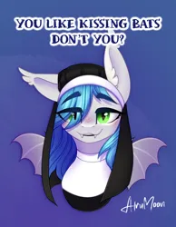 Size: 1300x1676 | Tagged: safe, artist:alrumoon_art, derpibooru import, oc, unofficial characters only, bat pony, blue background, blue mane, bust, commission, ear fluff, eye clipping through hair, green eyes, hair over one eye, image, nun, nun outfit, png, portrait, simple background, ych result