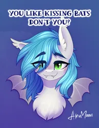 Size: 1300x1676 | Tagged: safe, artist:alrumoon_art, derpibooru import, oc, unofficial characters only, bat pony, blue mane, blushing, bust, commission, ear fluff, eye clipping through hair, green eyes, hair over one eye, image, png, portrait, simple background, ych result