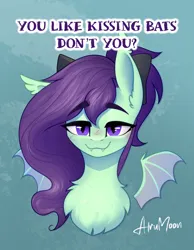 Size: 1300x1674 | Tagged: safe, artist:alrumoon_art, derpibooru import, oc, unofficial characters only, bat pony, blushing, bust, commission, ear fluff, hair over one eye, image, png, portrait, simple background, smiling, solo, ych result