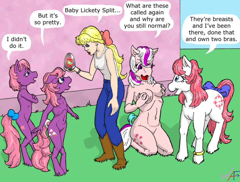 Size: 1280x971 | Tagged: suggestive, artist:pouncer, derpibooru import, ember (g1), megan williams, sundance, twilight (g1), anthro, earth pony, human, pony, unguligrade anthro, unicorn, g1, anthro with ponies, anthrofied, baby lickety-split, breast grab, breasts, female, grope, image, kneeling, png, speech bubble