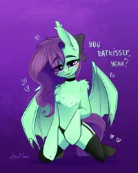 Size: 910x1136 | Tagged: suggestive, artist:alrumoon_art, derpibooru import, oc, unofficial characters only, bat pony, black underwear, blushing, bow, choker, clothes, commission, eye clipping through hair, fangs, garter belt, hair bow, hair over one eye, heart, image, panties, png, purple eyes, simple background, socks, solo, stockings, thigh highs, underwear, ych result
