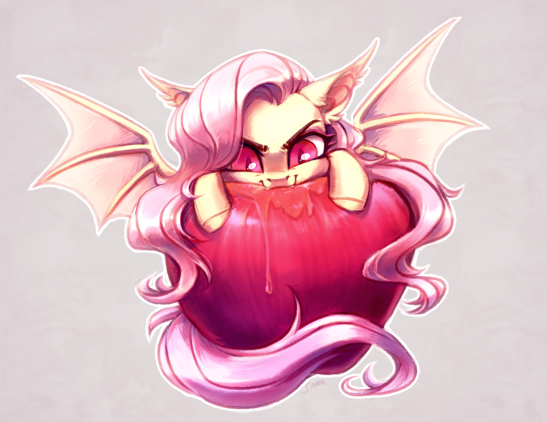 Size: 2185x1686 | Tagged: safe, artist:spark_rarestar, artist:sparkling_light, derpibooru import, fluttershy, bat pony, pegasus, pony, apple, apple juice, bat ears, bat ponified, bat wings, flutterbat, food, grabbing, image, juice, png, race swap, red eyes, solo, sucking, tail, wings