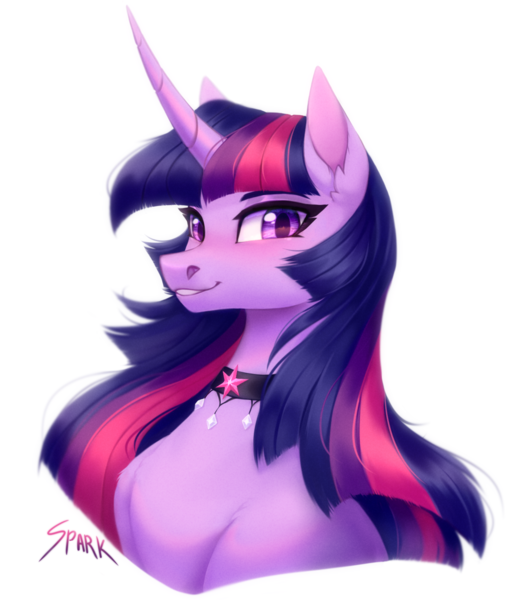 Size: 1288x1500 | Tagged: safe, artist:sparkling_light, twilight sparkle, pony, unicorn, bust, choker, collaboration:too many twilight, image, png, simple background, solo