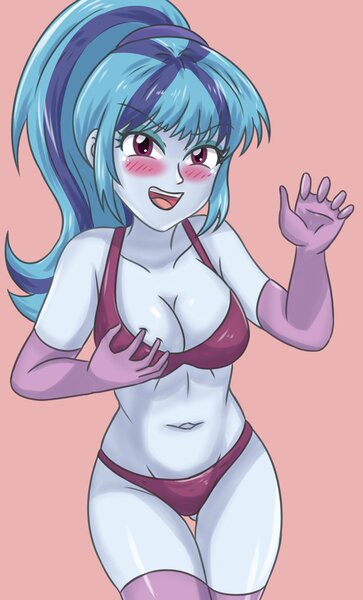Size: 1240x2048 | Tagged: questionable, artist:sumin6301, derpibooru import, sonata dusk, human, equestria girls, belly button, blue hair, blushing, blushing profusely, breast grab, breasts, busty sonata dusk, clothes, embarrassed, evening gloves, eyebrows, eyebrows visible through hair, female, gloves, grope, image, jpeg, long gloves, looking at you, open mouth, open smile, orange background, panties, red bra, red panties, self grope, simple background, smiling, socks, solo, solo female, standing, stockings, teeth, thigh highs, tongue out, underwear, velvet clothes, waving, waving at you