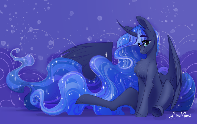 Size: 3510x2225 | Tagged: safe, artist:alrumoon_art, derpibooru import, princess luna, alicorn, chest fluff, curved horn, cute, ethereal mane, horn, image, png, sitting, solo, spread wings, stars, wings