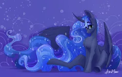 Size: 3510x2225 | Tagged: safe, artist:alrumoon_art, derpibooru import, princess luna, alicorn, chest fluff, curved horn, cute, ethereal mane, horn, image, png, sitting, solo, spread wings, stars, wings