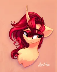 Size: 1013x1272 | Tagged: safe, artist:alrumoon_art, derpibooru import, oc, unofficial characters only, pony, unicorn, bust, chest fluff, curved horn, horn, image, looking away, png, portrait, smiling