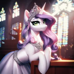 Size: 1024x1024 | Tagged: safe, ai content, derpibooru import, machine learning generated, prompter:maresforever, stable diffusion, sweetie belle, pony, unicorn, church, clothes, dress, ear piercing, earring, g4, generator:pony diffusion v6 xl, generator:purplesmart.ai, image, jewelry, looking at you, older, older sweetie belle, piercing, png, prompt in description, solo, tiara, wedding dress