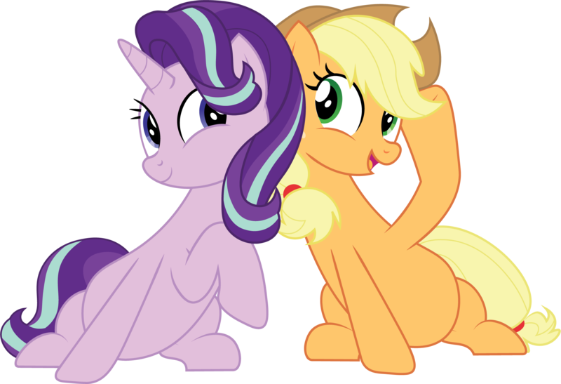 Size: 2143x1466 | Tagged: safe, artist:prixy05, derpibooru import, applejack, starlight glimmer, earth pony, pony, unicorn, duo, duo female, female, glimmerjack, image, lesbian, mare, png, shipping, simple background, sitting, transparent background, vector
