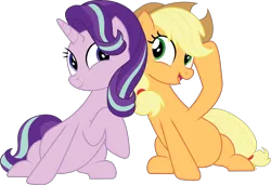 Size: 2143x1466 | Tagged: safe, artist:prixy05, derpibooru import, applejack, starlight glimmer, earth pony, pony, unicorn, duo, duo female, female, glimmerjack, image, lesbian, mare, png, shipping, simple background, sitting, transparent background, vector