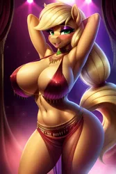 Size: 2048x3072 | Tagged: suggestive, ai content, derpibooru import, machine learning generated, applejack, anthro, earth pony, adorasexy, arm behind head, armpits, beautisexy, bedroom eyes, belly button, belly dancer, belly dancer outfit, big breasts, blushing, breasts, busty applejack, cleavage, clothes, curtains, cute, eyeshadow, female, green eyes, hatless, image, jewelry, looking at you, makeup, missing accessory, missing cutie mark, necklace, open mouth, png, see-through, sexy, smiling, smiling at you, solo, solo female, spotlight, stupid sexy applejack