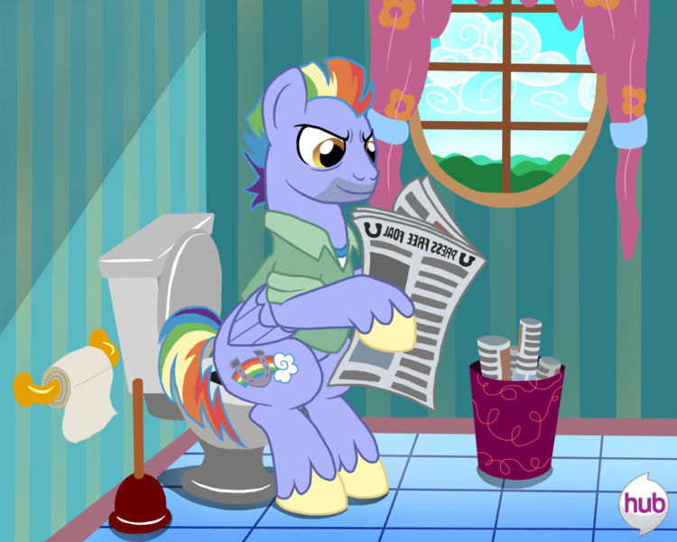 Size: 2154x1723 | Tagged: safe, artist:jac59col, derpibooru import, bow hothoof, pegasus, bathroom, but why, foal free press, hub logo, image, implied pooping, logo, male, newspaper, png, show accurate, the hub, toilet, toilet paper