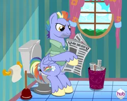 Size: 2154x1723 | Tagged: safe, artist:jac59col, derpibooru import, bow hothoof, pegasus, bathroom, but why, foal free press, hub logo, image, implied pooping, logo, male, newspaper, png, show accurate, the hub, toilet, toilet paper