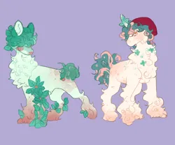 Size: 1800x1500 | Tagged: safe, artist:ghostunes, derpibooru import, oc, oc:oakley, oc:zachary, unofficial characters only, earth pony, unicorn, alternate universe, beanie, berry, body freckles, chest fluff, clover, design, earth pony oc, fluffy, food, freckles, fruit, gradient hooves, hair covering face, hat, hoof fluff, horn, image, looking at you, plants, png, purple background, siblings, simple background, spots, sprout, twins, unicorn oc