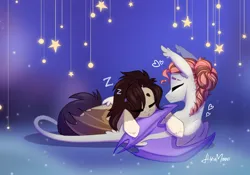Size: 2388x1668 | Tagged: safe, artist:alrumoon_art, derpibooru import, oc, oc:alruna moonrise, unofficial characters only, bat pony, pony, abstract background, ear fluff, eyes closed, heart, image, onomatopoeia, png, sleeping, sound effects, zzz