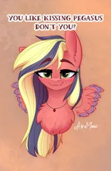 Size: 1300x1993 | Tagged: safe, artist:alrumoon_art, derpibooru import, oc, unofficial characters only, pegasus, pony, bust, commission, fangs, image, jewelry, looking at you, multicolored hair, necklace, png, portrait, smiling, smiling at you, solo, ych result