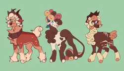 Size: 3000x1714 | Tagged: safe, artist:ghostunes, derpibooru import, oc, oc:honey bun, oc:maple oak, oc:sweet nectar, unofficial characters only, cow, hybrid, sheep, alternate universe, bandana, chest fluff, cowboy hat, curly hair, design, fluffy, g4, green background, hat, heart, heart on cheek, herd, hoof fluff, horns, image, leonine tail, looking at you, png, shy, simple background, slender, spots, stripes, tail, thin, yoke