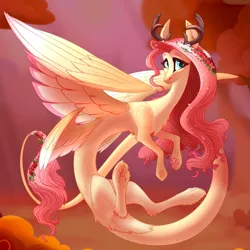Size: 3000x3000 | Tagged: safe, artist:alrumoon_art, derpibooru import, fluttershy, draconequus, blushing, feathered wings, flower, flower in hair, image, paw pads, png, solo, wings