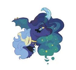 Size: 628x576 | Tagged: safe, artist:6chocolatepie9, derpibooru import, princess luna, alicorn, pony, alternate design, colored horn, curved horn, ear piercing, earring, female, g4, horn, image, jewelry, mare, necklace, piercing, png, simple background, solo, sparkly mane, twitterina design, white background, wing ears, wings