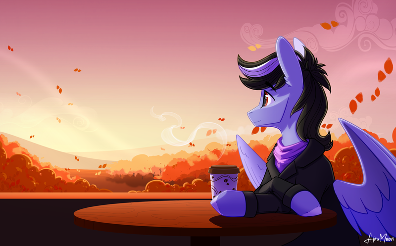 Size: 2388x1485 | Tagged: safe, artist:alrumoon_art, derpibooru import, oc, unofficial characters only, pegasus, pony, autumn, clothes, coffee cup, cup, falling leaves, image, leaves, looking away, male, pegasus oc, png, scarf, scenery, sitting, solo, spread wings, table, wings