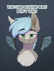 Size: 1300x1706 | Tagged: safe, artist:alrumoon_art, derpibooru import, oc, unofficial characters only, bat pony, pony, blushing, boykisser, bust, commission, ear fluff, fangs, green eyes, image, looking at you, male, meme, png, ponified meme, portrait, smiling, smiling at you, solo, ych result