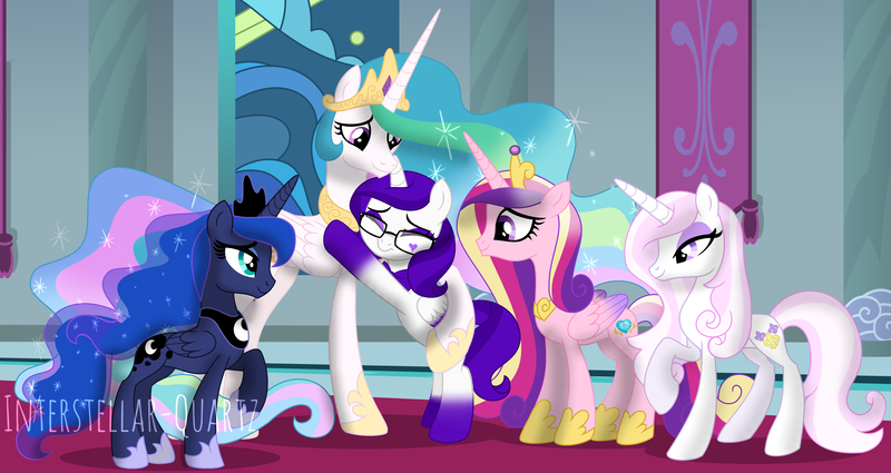 Size: 6008x3192 | Tagged: safe, artist:interstellar-quartz, derpibooru import, fleur-de-lis, princess cadance, princess celestia, princess luna, oc, oc:violet sparkle, alicorn, pony, absurd resolution, female, glasses, hug, image, mare, png