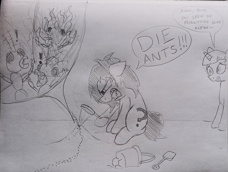 Size: 3748x2834 | Tagged: safe, artist:dhm, derpibooru import, twilight sparkle, oc, oc:anonfilly, insect, pony, angry, ants, death, female, filly, horror, image, incineration, jpeg, magnifying glass, monochrome, pail, pencil drawing, sandbox, shocked, shovel, sketch, speech bubble, text, traditional art, yelling