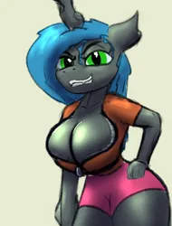 Size: 318x419 | Tagged: suggestive, derpibooru import, queen chrysalis, anthro, changeling, changeling queen, big breasts, breasts, cleavage, colored sketch, curvy, fangs, female, horn, image, looking at you, png, simple background, sketch, smiling, smiling at you, solo, solo female