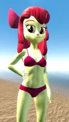 Size: 1080x1920 | Tagged: suggestive, artist:oatmeal!, derpibooru import, apple bloom, human, equestria girls, 3d, beach, belly button, bikini, breasts, clothes, gmod, hand on hip, image, looking at you, ocean, png, solo, standing, swimsuit, water