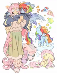 Size: 850x1098 | Tagged: safe, artist:sharpycharot, derpibooru import, fluttershy, rainbow dash, human, pegasus, pony, chibi, clothes, cloud, female, flutterdash, folded wings, hoodie, hug, image, jpeg, leg warmers, lesbian, long hair, looking at you, lying down, shipping, shoes, shorts, skirt, sneakers, stars, sweater, wings