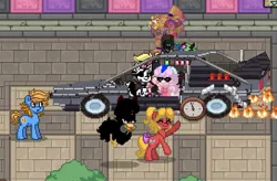 Size: 1087x714 | Tagged: safe, derpibooru import, oc, oc:blue cookie, earth pony, pony, pony town, back to the future, delorean, earth pony oc, event, fire, harmonycon, image, jpeg, open mouth