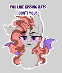 Size: 1310x1532 | Tagged: safe, alternate version, artist:alrumoon_art, derpibooru import, oc, oc:alruna moonrise, unofficial characters only, bat pony, alternate character, bedroom eyes, boykisser, bust, chest fluff, ear fluff, fangs, heart, heart eyes, image, jpeg, looking at you, portrait, solo, spread wings, wingding eyes, wings