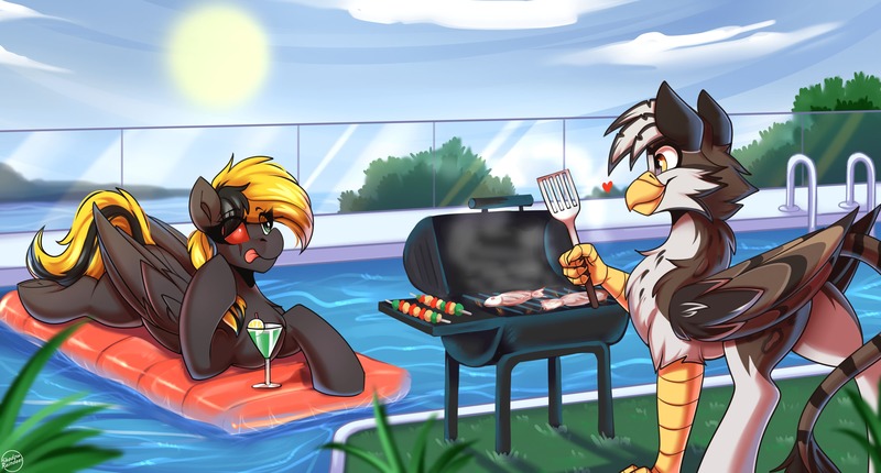 Size: 4000x2150 | Tagged: safe, artist:shadowreindeer, derpibooru import, oc, oc:ospreay, oc:shade demonshy, gryphon, pegasus, barbeque, commission, food, image, jpeg, swimming pool