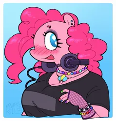 Size: 1187x1247 | Tagged: safe, artist:kewpiekills, derpibooru import, pinkie pie, anthro, earth pony, pony, big breasts, blushing, bracelet, breasts, bust, busty pinkie pie, choker, cleavage, clothes, cutie mark accessory, cutie mark eyes, cutie mark necklace, ear piercing, emo, eyebrow piercing, female, fingerless gloves, fishnet clothing, g4, gloves, headphones, image, jewelry, jpeg, kandi, mare, nail polish, necklace, open mouth, open smile, passepartout, piercing, signature, smiling, solo, wingding eyes