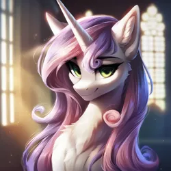 Size: 1024x1024 | Tagged: safe, ai content, ponerpics import, ponybooru import, prompter:maresforever, sweetie belle, pony, unicorn, adult, adult foal, beautiful, beautiful eyes, canterlot castle, female, image, long mane, mare, older, older sweetie belle, png, smiling, solo, solo female