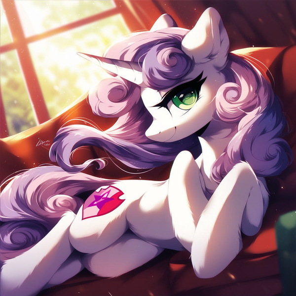 Size: 1024x1024 | Tagged: safe, ai content, machine learning generated, ponerpics import, ponybooru import, prompter:maresforever, sweetie belle, pony, unicorn, adult, adult foal, beautiful, beautiful eyes, female, image, looking at you, lying down, mare, older, older sweetie belle, png, smiling, smiling at you