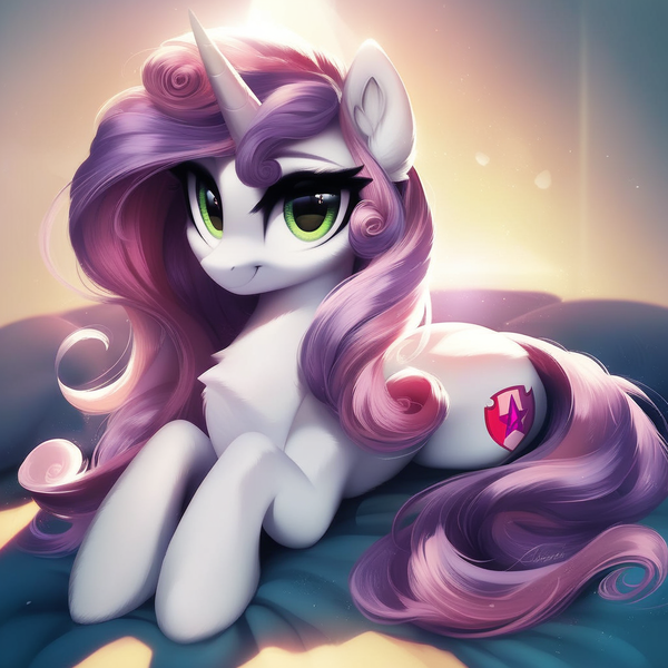 Size: 1024x1024 | Tagged: safe, ai content, ponerpics import, ponybooru import, prompter:maresforever, sweetie belle, pony, unicorn, adult, adult foal, female, image, lying down, mare, older, older sweetie belle, png, smiling, solo, solo female