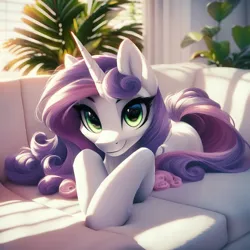 Size: 1024x1024 | Tagged: safe, ai content, ponerpics import, ponybooru import, prompter:maresforever, sweetie belle, pony, unicorn, adult, adult foal, beautiful eyes, couch, female, image, looking at you, lying down, mare, older, older sweetie belle, png, smiling, smiling at you, solo, solo female, unicorn horn