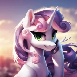 Size: 1024x1024 | Tagged: safe, ai content, ponerpics import, ponybooru import, prompter:maresforever, sweetie belle, pony, unicorn, adult, adult foal, beautiful eyes, beautiful hair, blue sky, day, female, image, looking at you, mare, older, older sweetie belle, png, smiling, smiling at you, solo, solo female, unicorn horn