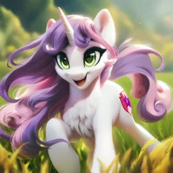 Size: 1024x1024 | Tagged: safe, ai content, ponerpics import, ponybooru import, prompter:maresforever, sweetie belle, pony, unicorn, adult, adult foal, beautiful, chest fluff, day, female, grass, image, mare, meadow, older, older sweetie belle, png, running, smiling, solo, solo female, touch grass, unicorn horn